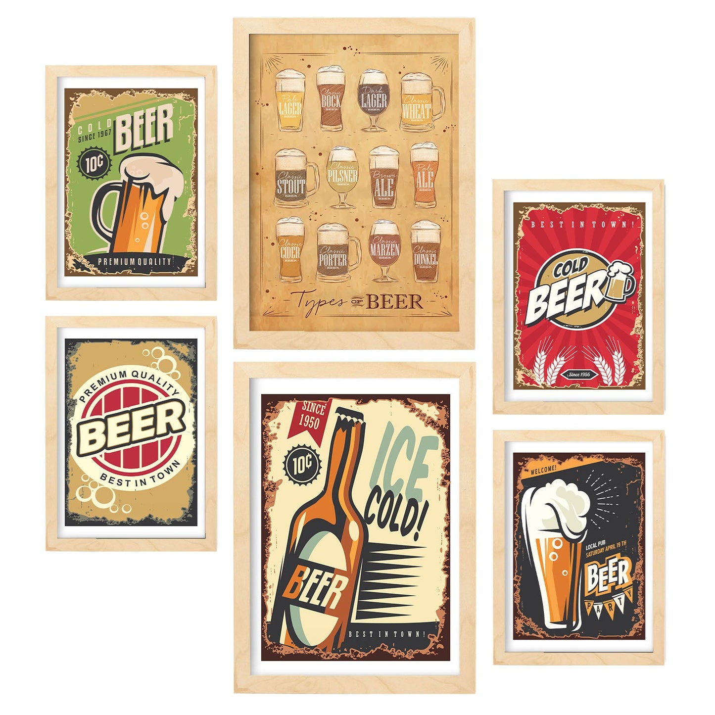 Set de 6 láminas vintage de cerveza con carteles publicitarios retro en colores vivos para decorar bar, cocina o restaurante moderno – 2 grandes y 4 medianos