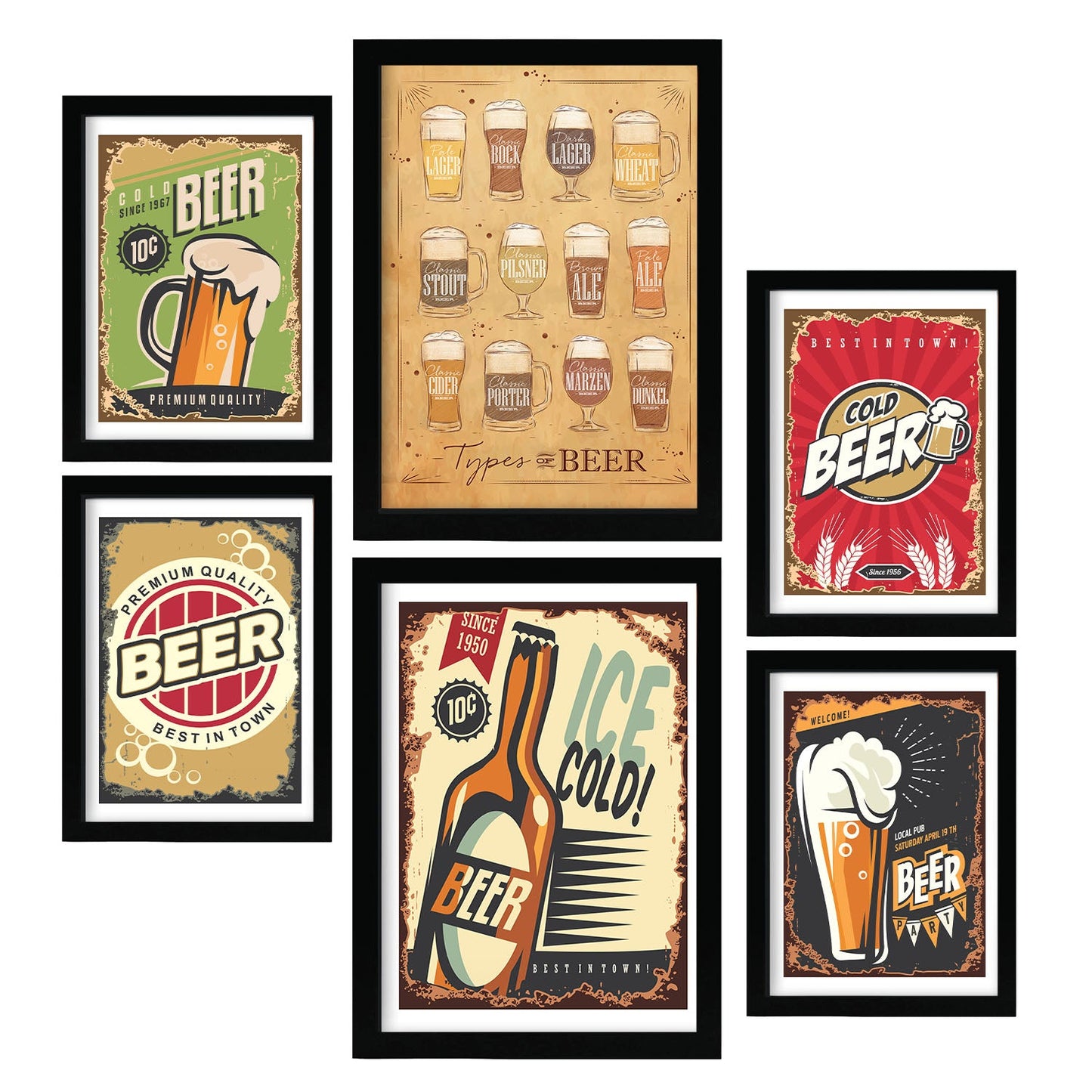 Set de 6 láminas vintage de cerveza con carteles publicitarios retro en colores vivos para decorar bar, cocina o restaurante moderno – 2 grandes y 4 medianos
