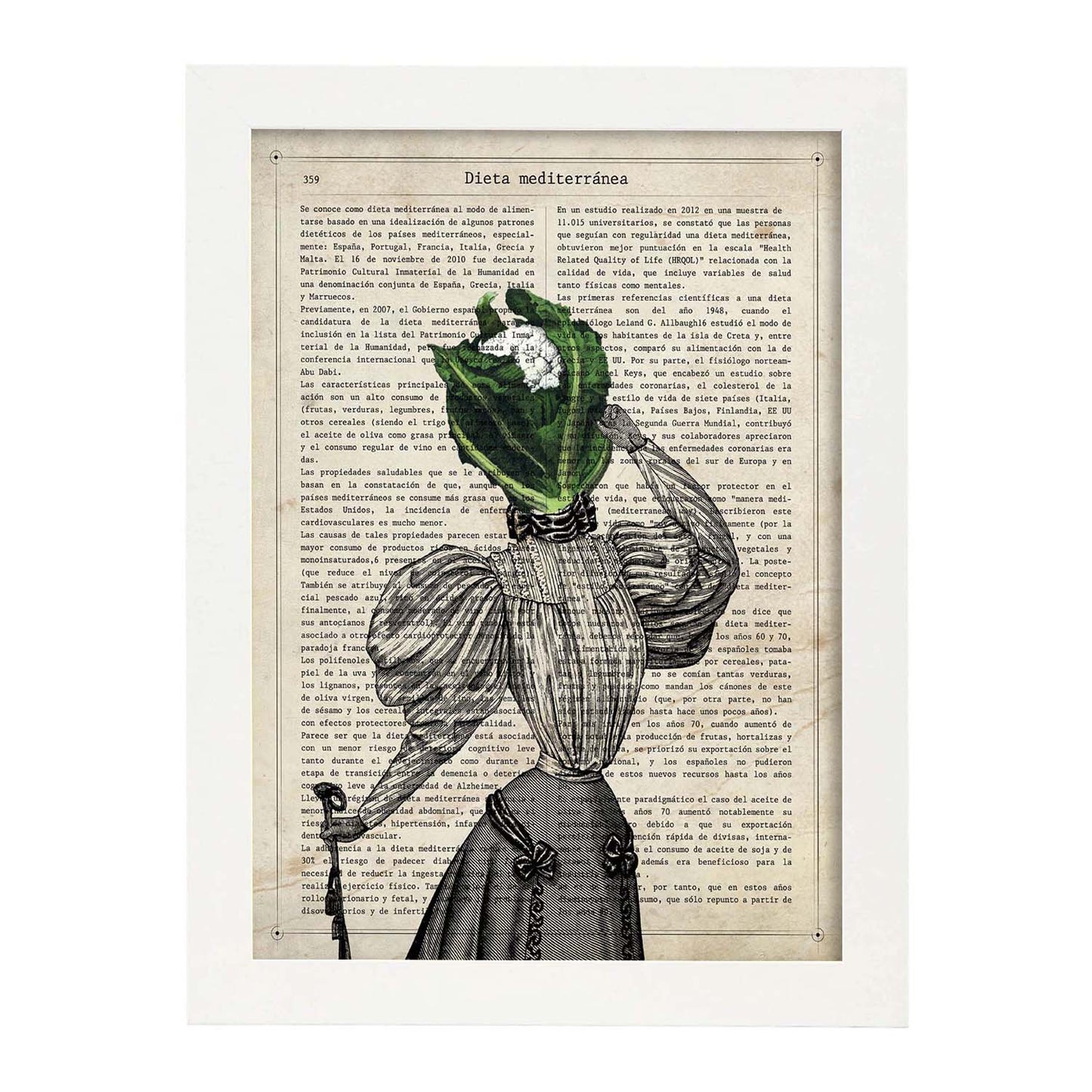 Poster de verduras humanas. Lámina Miss Coliflor. Cuadros de humanos con cabezas de verdura.-Artwork-Nacnic-A4-Marco Blanco-Nacnic Estudio SL