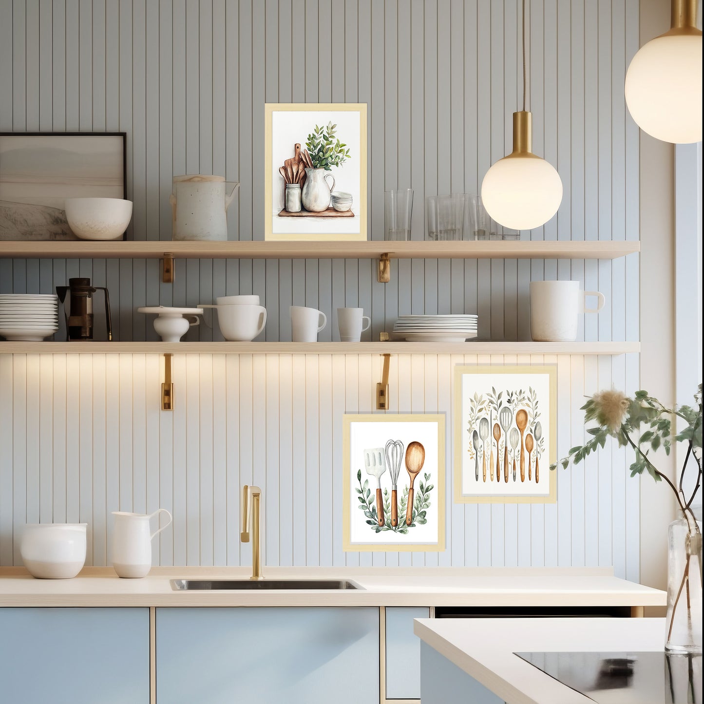 Set de 3 Cuadros Utensilios y herramientas de Cocina Póster en Acuarela con Ilustración impresa para decorar las paredes de la Cocina, Despensa, Comedor, Restaurante