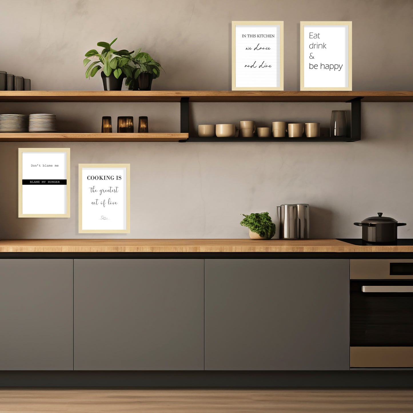 Set de 4 Cuadros Frases de Cocina Mensajes Póster Impresión Ilustración Letreros en Blanco y Negro Estilo moderno para decorar Cocina, Despensa, Comedor, Restaurante