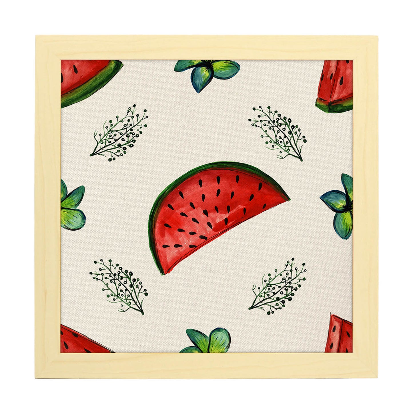 Poster cuadrado de Diversión de sandia. Lámina de frutas y verduras de forma cuadrada, ilustrada con dibujos a color.-Artwork-Nacnic-20x20 cm-Marco Madera clara-Nacnic Estudio SL
