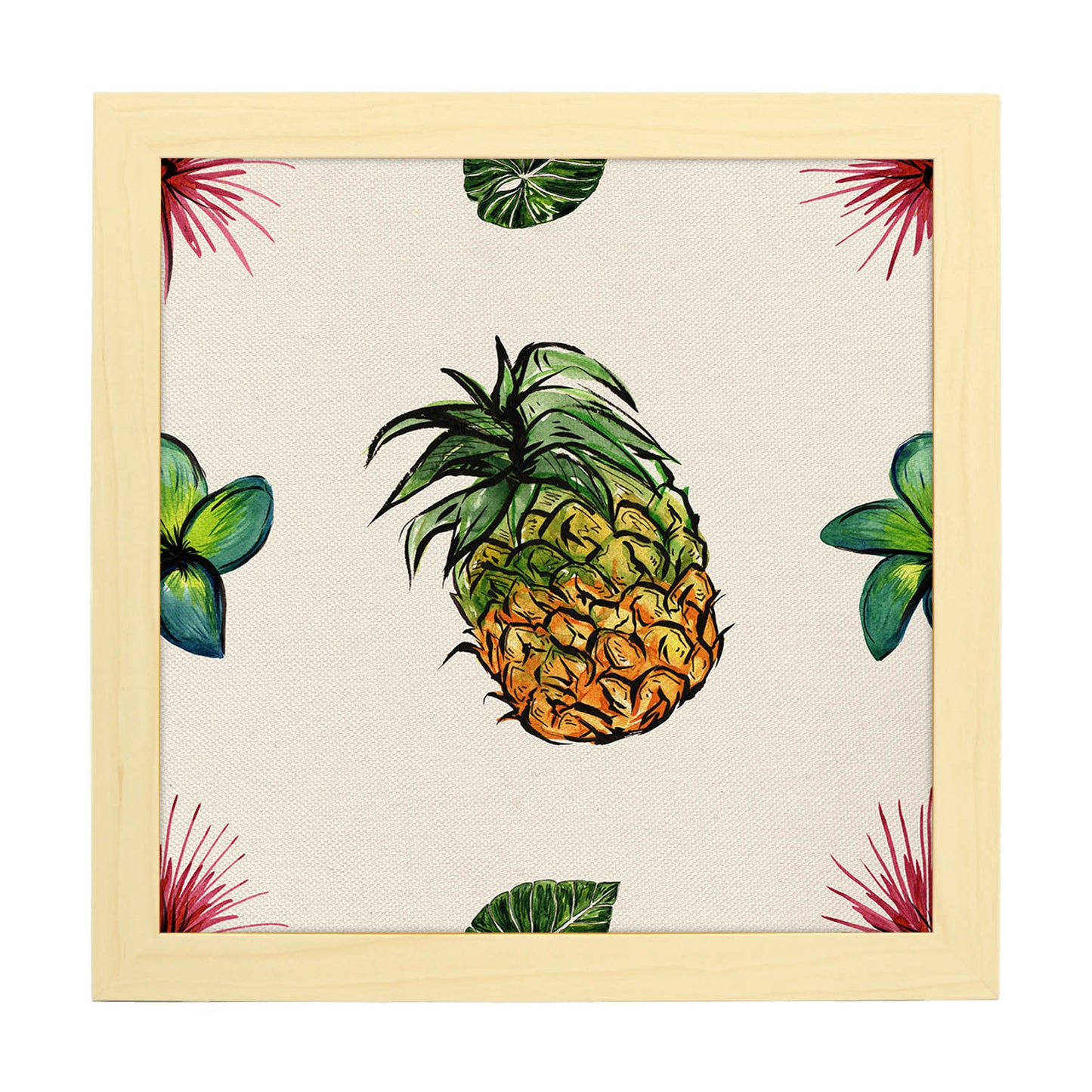 Poster cuadrado de Piñas con flor. Lámina de frutas y verduras de forma cuadrada, ilustrada con dibujos a color.-Artwork-Nacnic-20x20 cm-Marco Madera clara-Nacnic Estudio SL