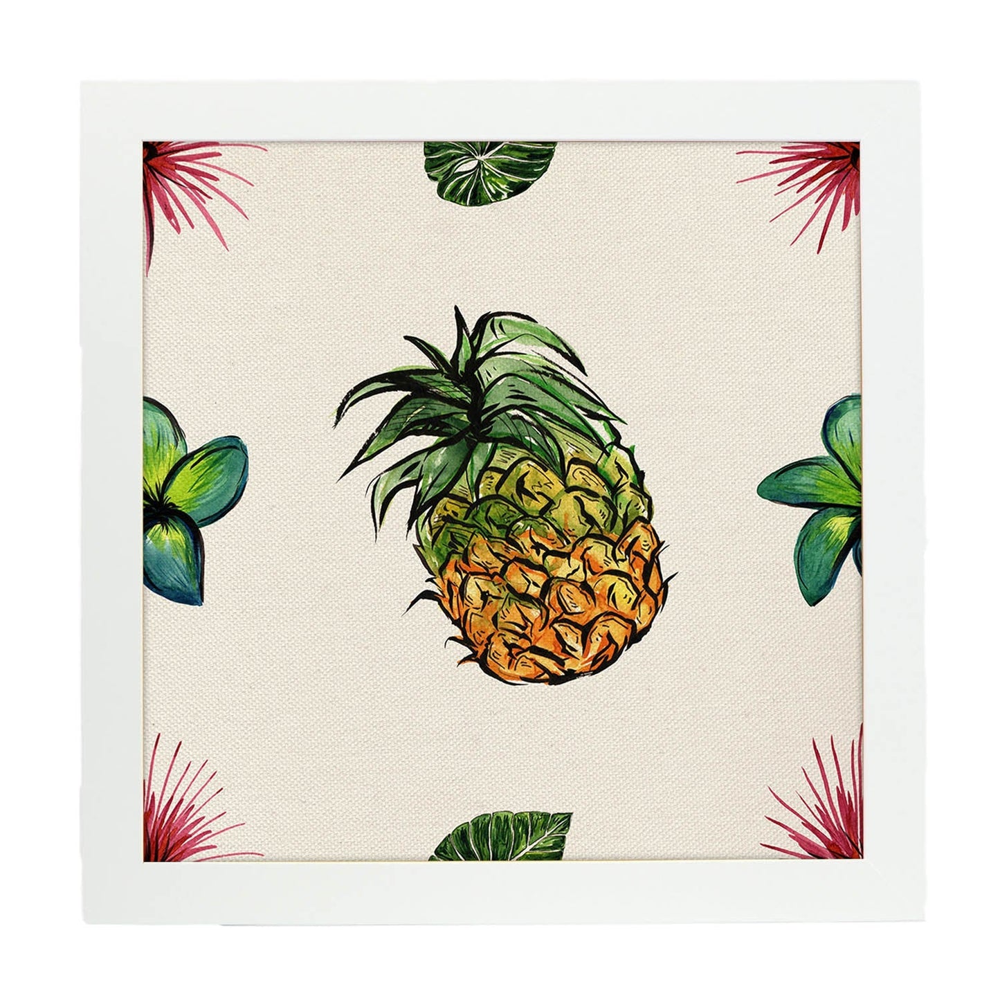 Poster cuadrado de Piñas con flor. Lámina de frutas y verduras de forma cuadrada, ilustrada con dibujos a color.-Artwork-Nacnic-25x25 cm-Marco Blanco-Nacnic Estudio SL