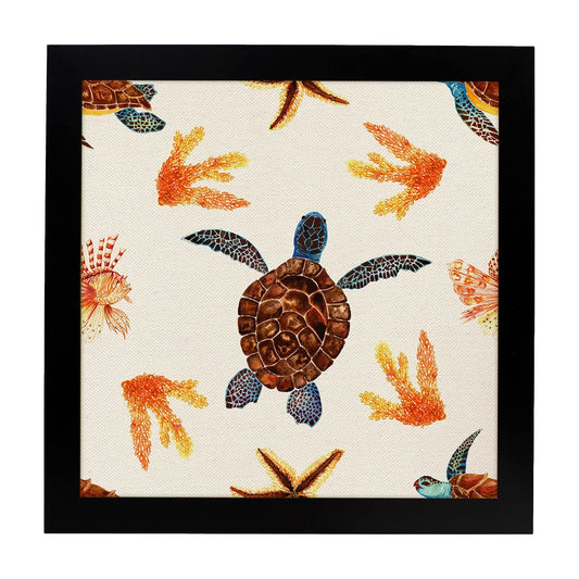 Poster cuadrado con dibujos de ranas y tortugas. Lámina Tortuga nadadora, ilustrada con dibujos de tortugas, ranas, y sapos.-Artwork-Nacnic-20x20 cm-Marco Negro-Nacnic Estudio SL