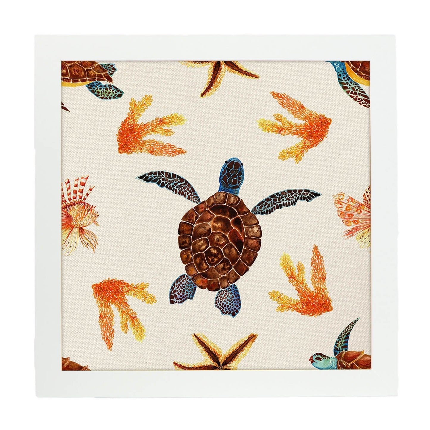 Poster cuadrado con dibujos de ranas y tortugas. Lámina Tortuga nadadora, ilustrada con dibujos de tortugas, ranas, y sapos.-Artwork-Nacnic-20x20 cm-Marco Blanco-Nacnic Estudio SL