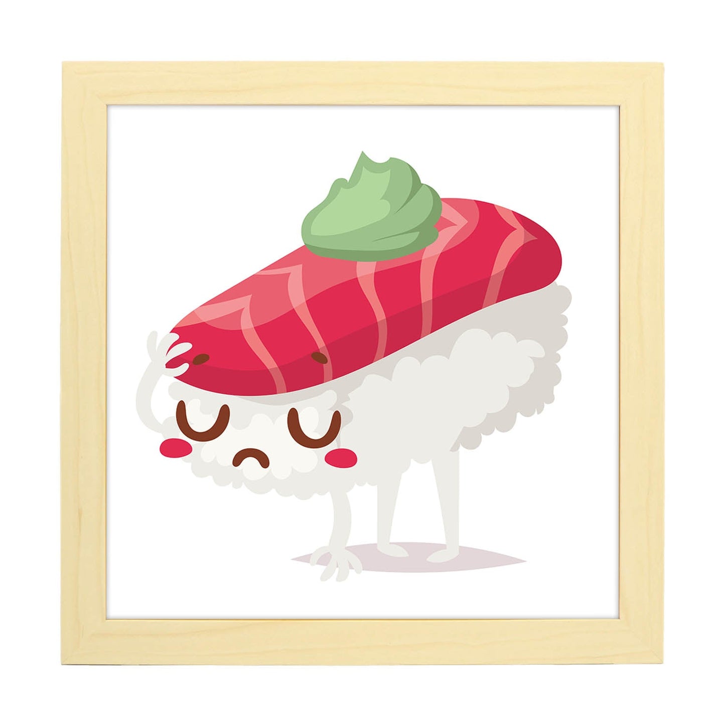 Poster cuadrado de sushi. Lámina Sushi wasabi, con dibujos de sushi, onigiri, y otras comidas japonesas.-Artwork-Nacnic-20x20 cm-Marco Madera clara-Nacnic Estudio SL