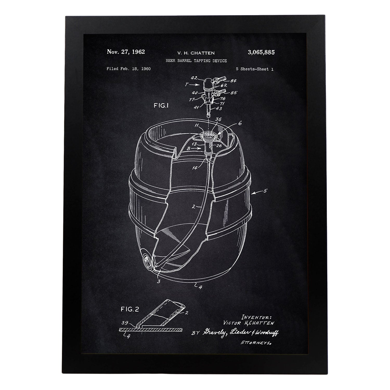 Poster con patente de Barril de cerveza. Lámina con diseño de patente antigua-Artwork-Nacnic-A4-Marco Negro-Nacnic Estudio SL