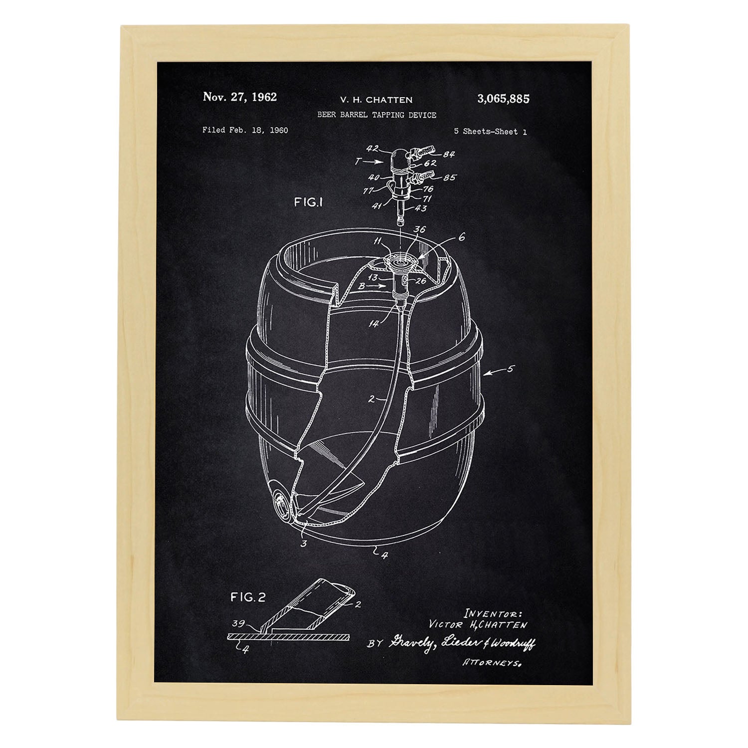 Poster con patente de Barril de cerveza. Lámina con diseño de patente antigua-Artwork-Nacnic-A4-Marco Madera clara-Nacnic Estudio SL