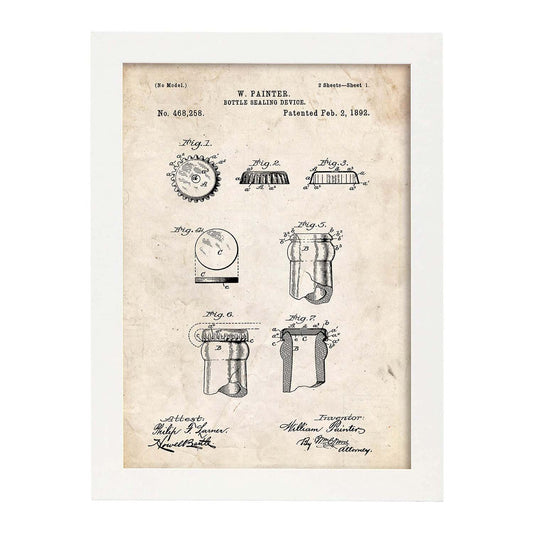 Poster con patente de Chapa de botella. Lámina con diseño de patente antigua.-Artwork-Nacnic-A3-Marco Blanco-Nacnic Estudio SL