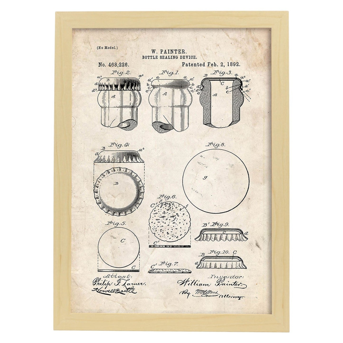 Poster con patente de Dispositivo de sellado de botellas. Lámina con diseño de patente antigua.-Artwork-Nacnic-A3-Marco Madera clara-Nacnic Estudio SL