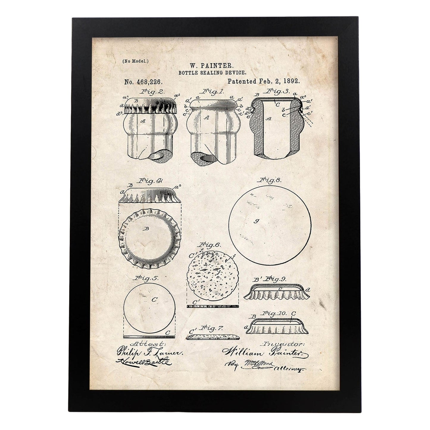 Poster con patente de Dispositivo de sellado de botellas. Lámina con diseño de patente antigua.-Artwork-Nacnic-A4-Marco Negro-Nacnic Estudio SL
