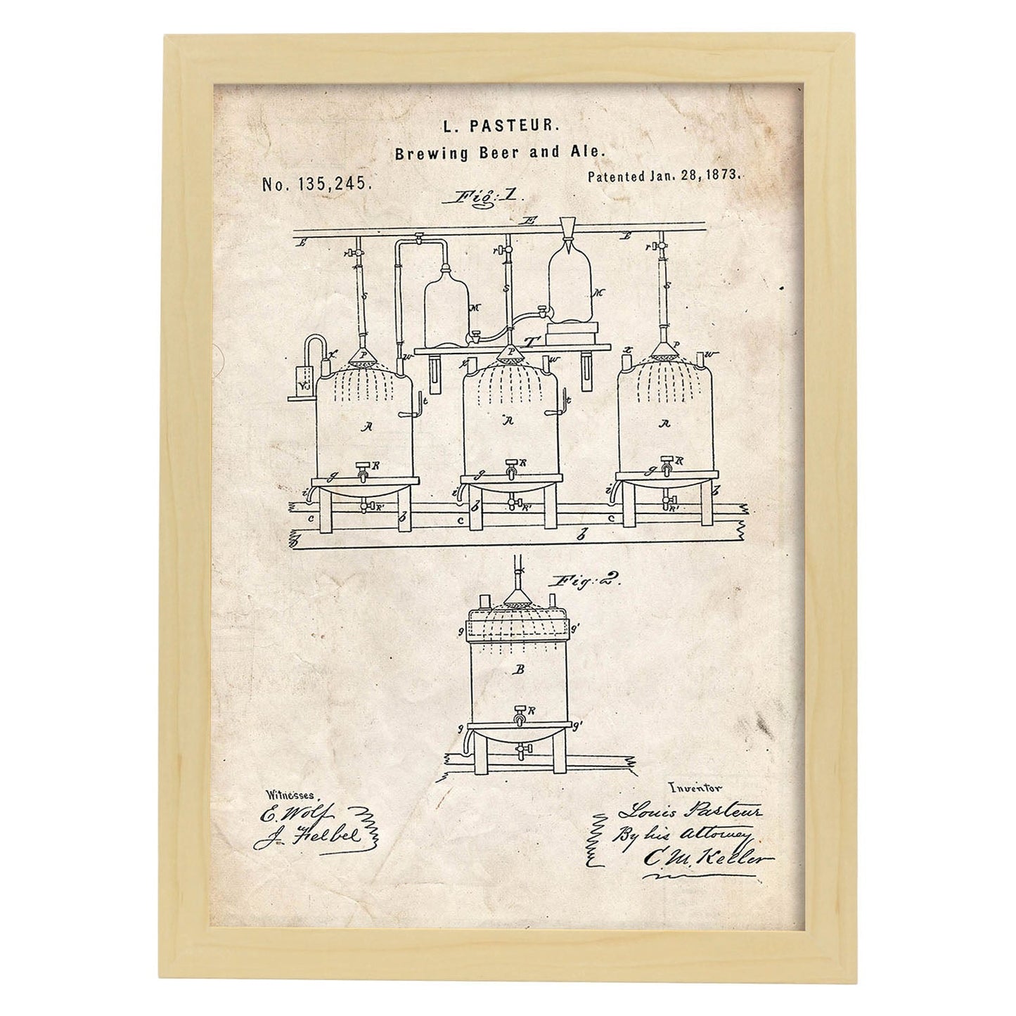 Poster con patente de Elaboración de cerveza. Lámina con diseño de patente antigua.-Artwork-Nacnic-A4-Marco Madera clara-Nacnic Estudio SL