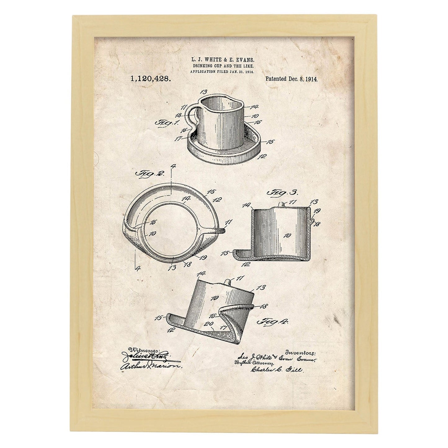 Poster con patente de Taza de diseño. Lámina con diseño de patente antigua.-Artwork-Nacnic-A4-Marco Madera clara-Nacnic Estudio SL