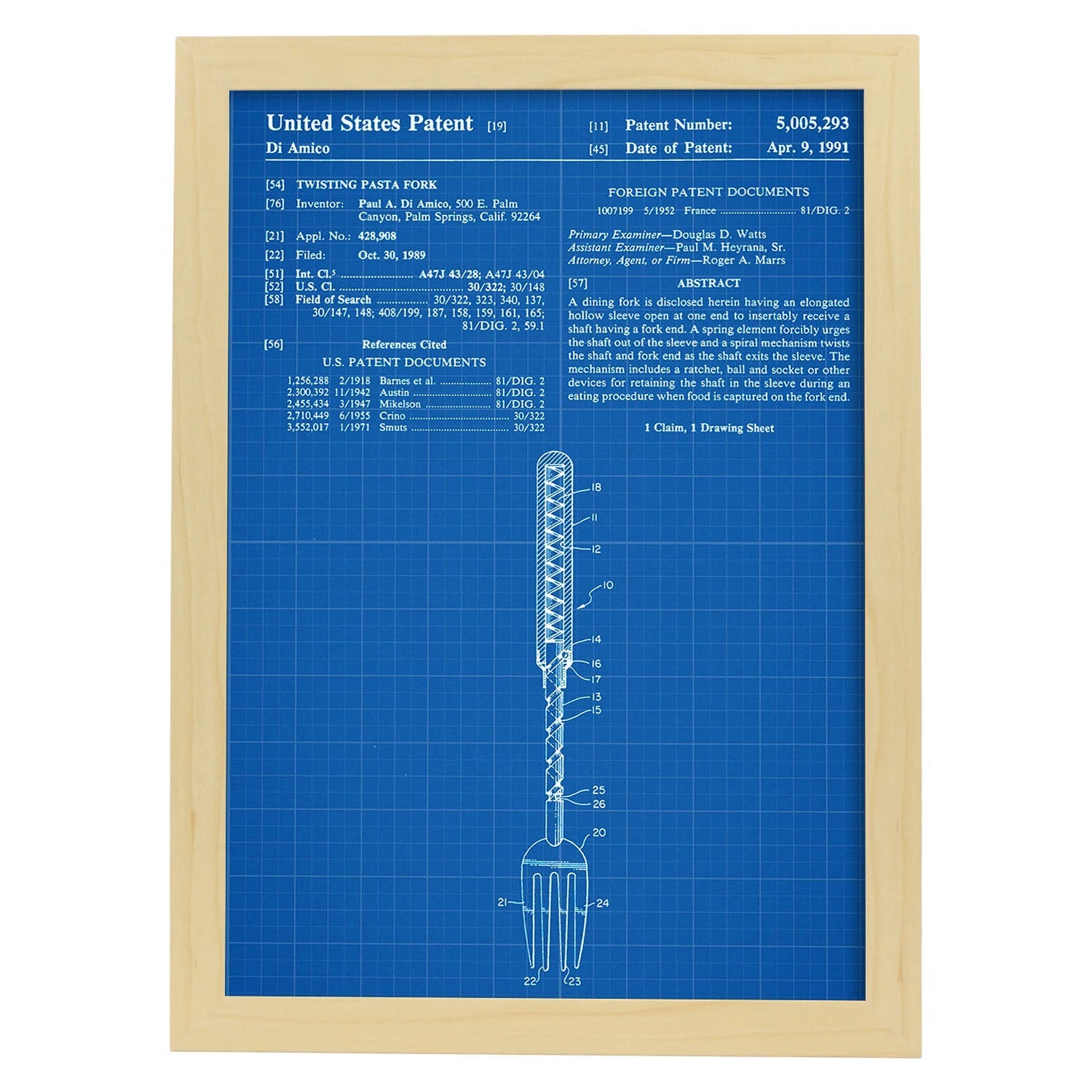 Poster con patente de Tenedor. Lámina con diseño de patente antigua-Artwork-Nacnic-A3-Marco Madera clara-Nacnic Estudio SL