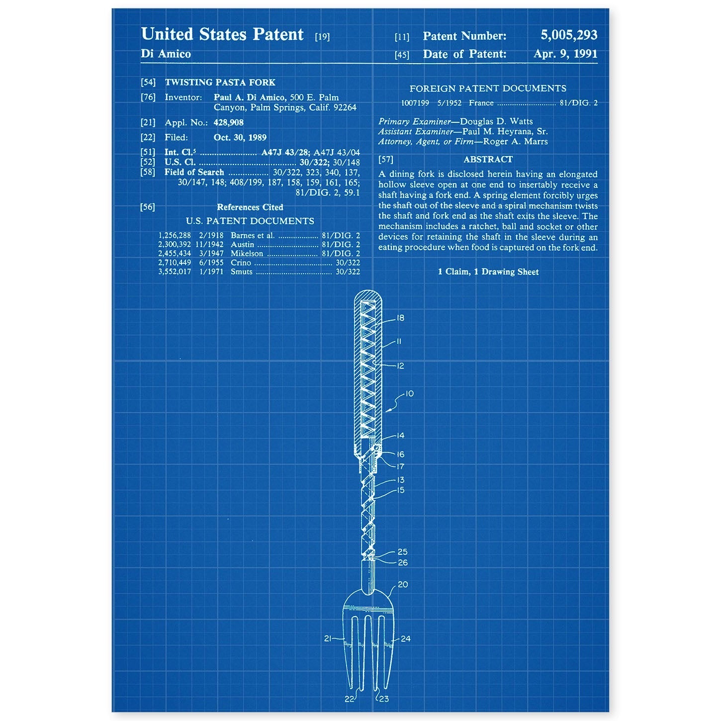 Poster con patente de Tenedor. Lámina con diseño de patente antigua-Artwork-Nacnic-A4-Sin marco-Nacnic Estudio SL