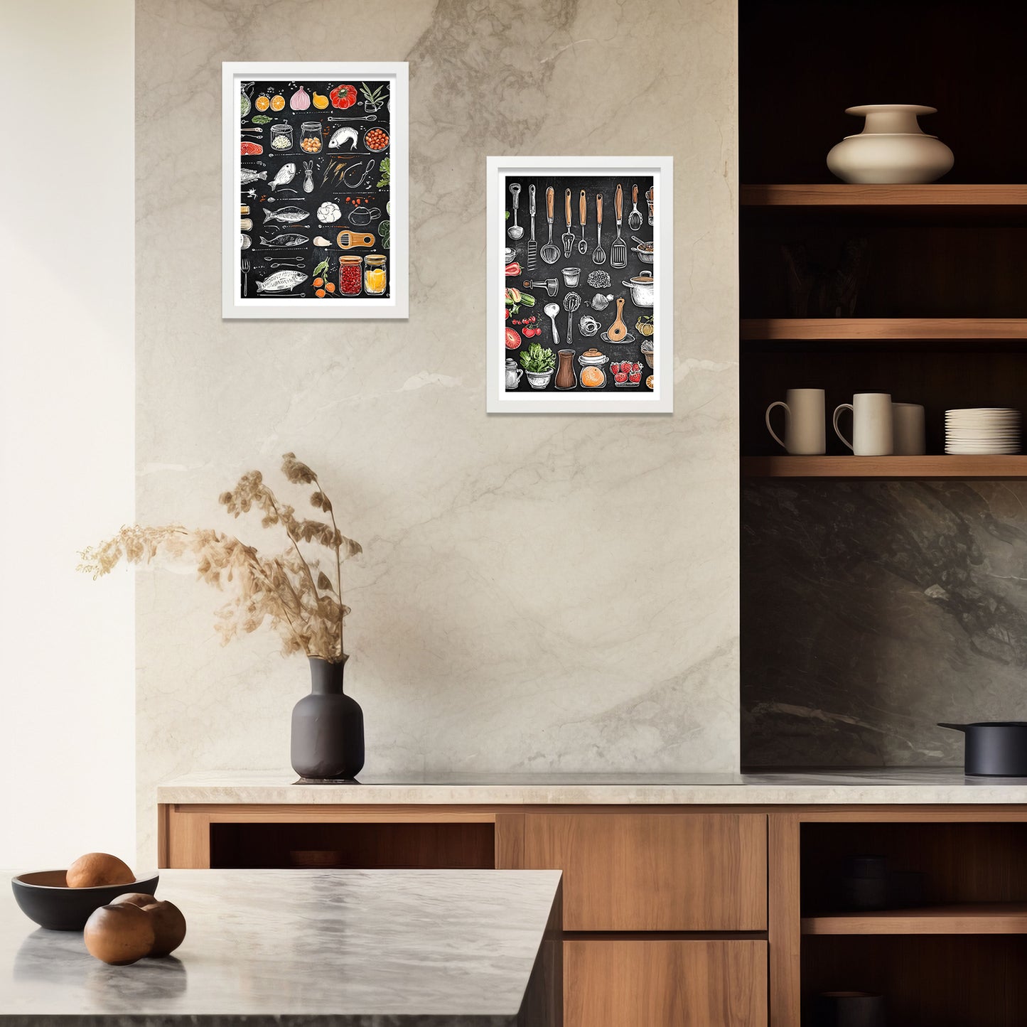 Set de 2 Cuadros Elementos de Cocina Ingredientes y Herramientas Poster Print ilustración para decorar las paredes de Cocina, Despensa, Comedor, Restaurante