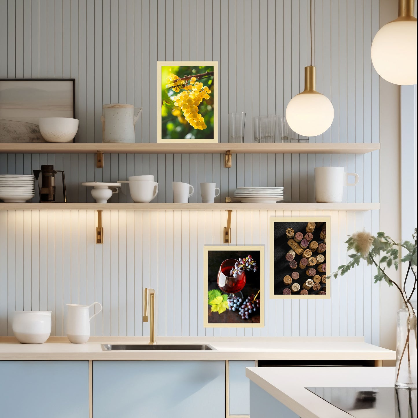 Set de 3 Cuadros de Uvas de Viñedo y Corcho Ilustración impresa en estilo Fotográfico para decorar Cocina, Despensa, Cortijo, Comedor, Restaurante
