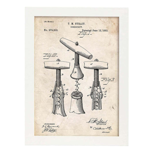 Poster con patente de Sacacorchos 2. Lámina con diseño de patente antigua.-Artwork-Nacnic-A4-Marco Blanco-Nacnic Estudio SL