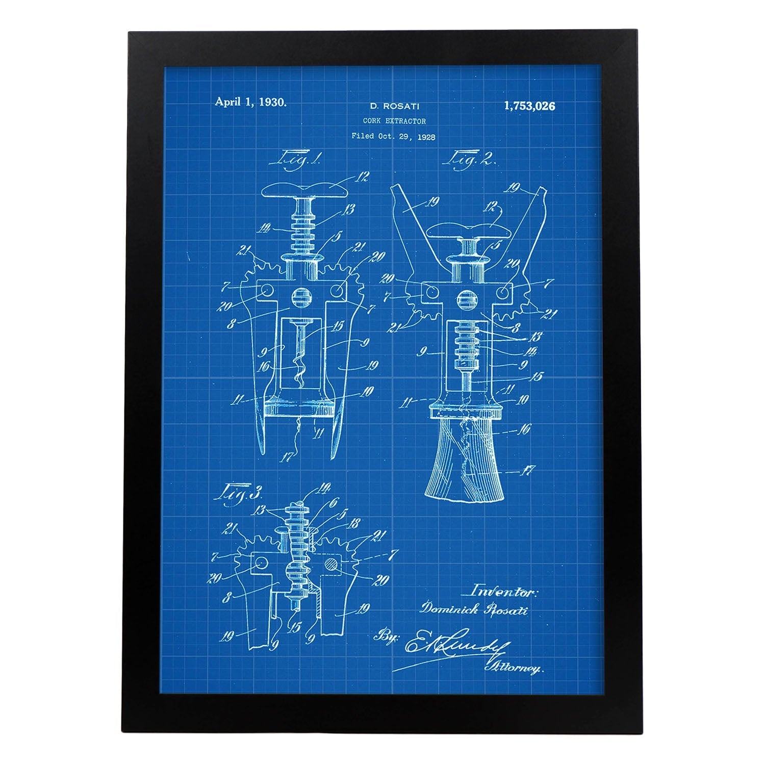 Poster con patente de Sacacorchos. Lámina con diseño de patente antigua-Artwork-Nacnic-A3-Marco Negro-Nacnic Estudio SL