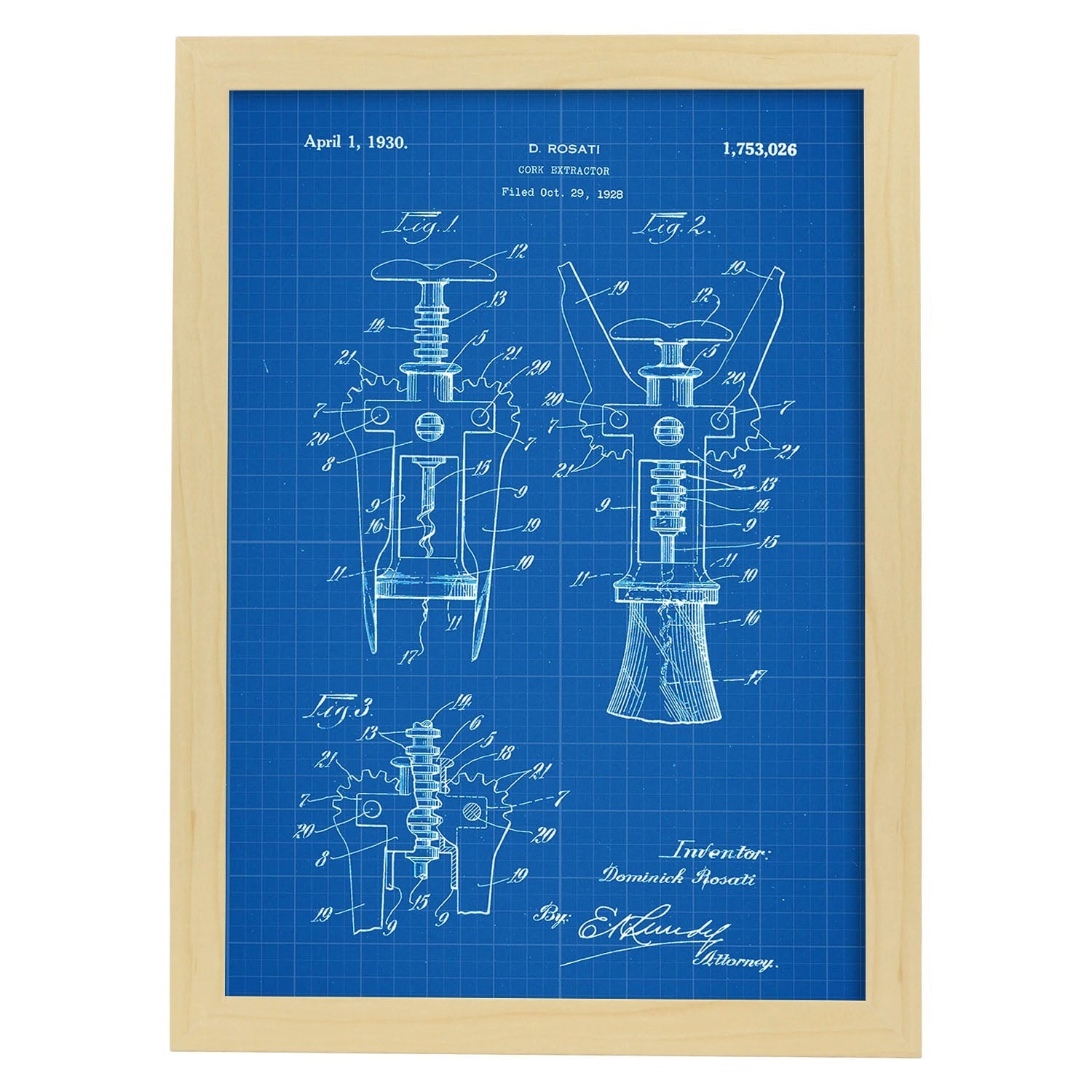 Poster con patente de Sacacorchos. Lámina con diseño de patente antigua-Artwork-Nacnic-A3-Marco Madera clara-Nacnic Estudio SL