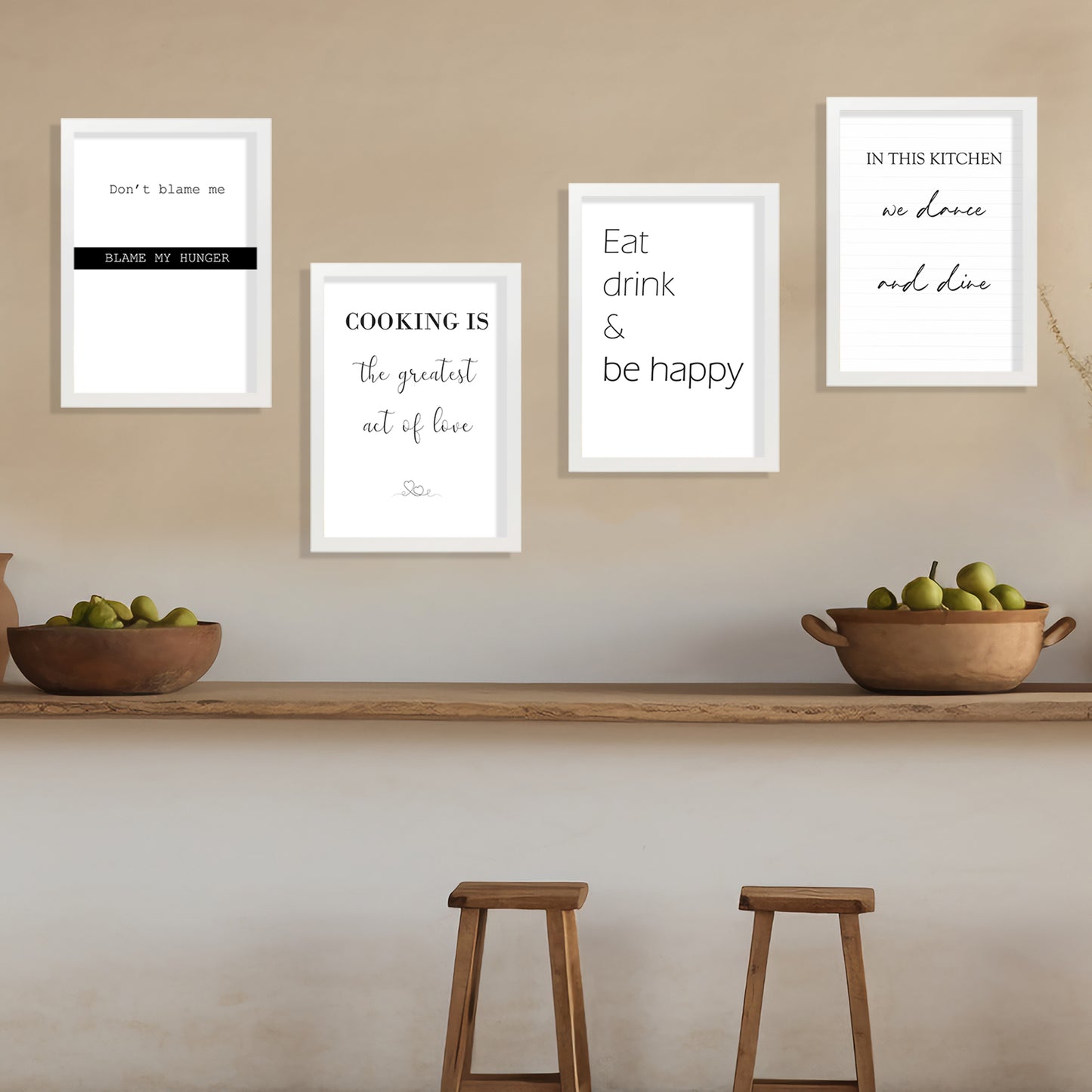 Set de 4 Cuadros Frases de Cocina Mensajes Póster Impresión Ilustración Letreros en Blanco y Negro Estilo moderno para decorar Cocina, Despensa, Comedor, Restaurante