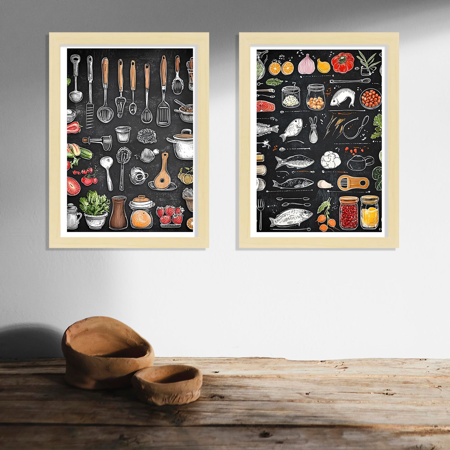 Set de 2 Cuadros Elementos de Cocina Ingredientes y Herramientas Poster Print ilustración para decorar las paredes de Cocina, Despensa, Comedor, Restaurante
