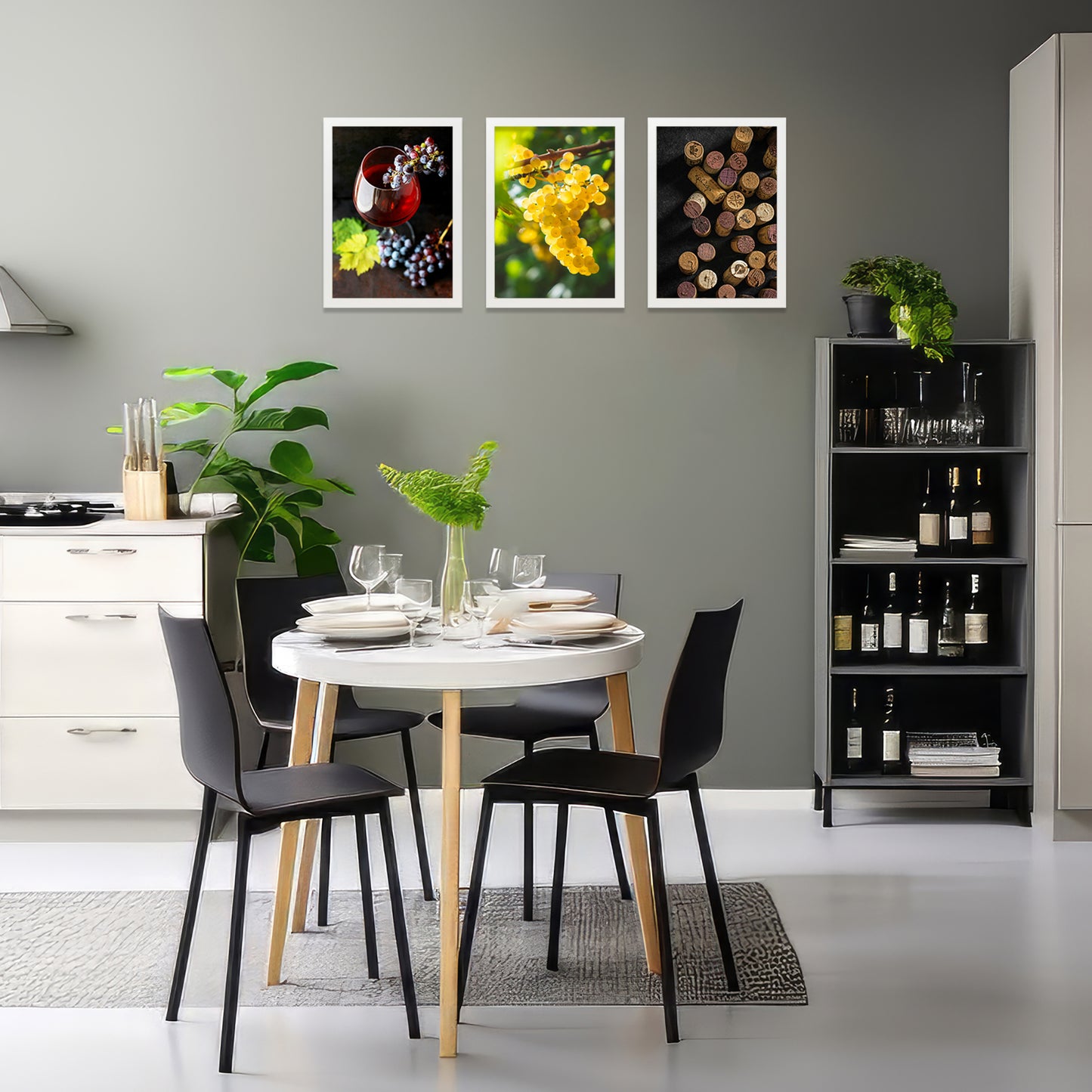 Set de 3 Cuadros de Uvas de Viñedo y Corcho Ilustración impresa en estilo Fotográfico para decorar Cocina, Despensa, Cortijo, Comedor, Restaurante