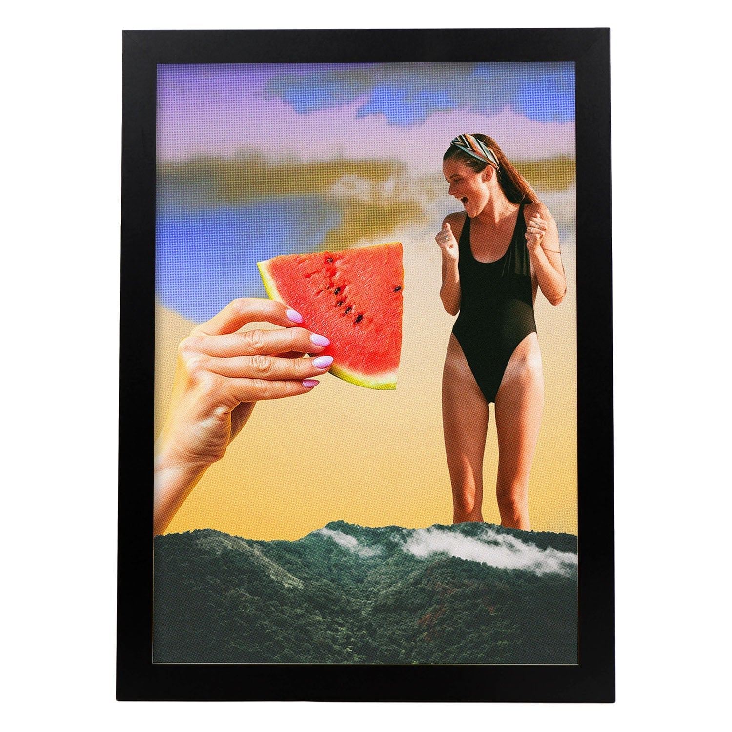 Lamina artistica decorativa con ilustración de Rebanada de sandía estilo Collage-Artwork-Nacnic-A3-Marco Negro-Nacnic Estudio SL