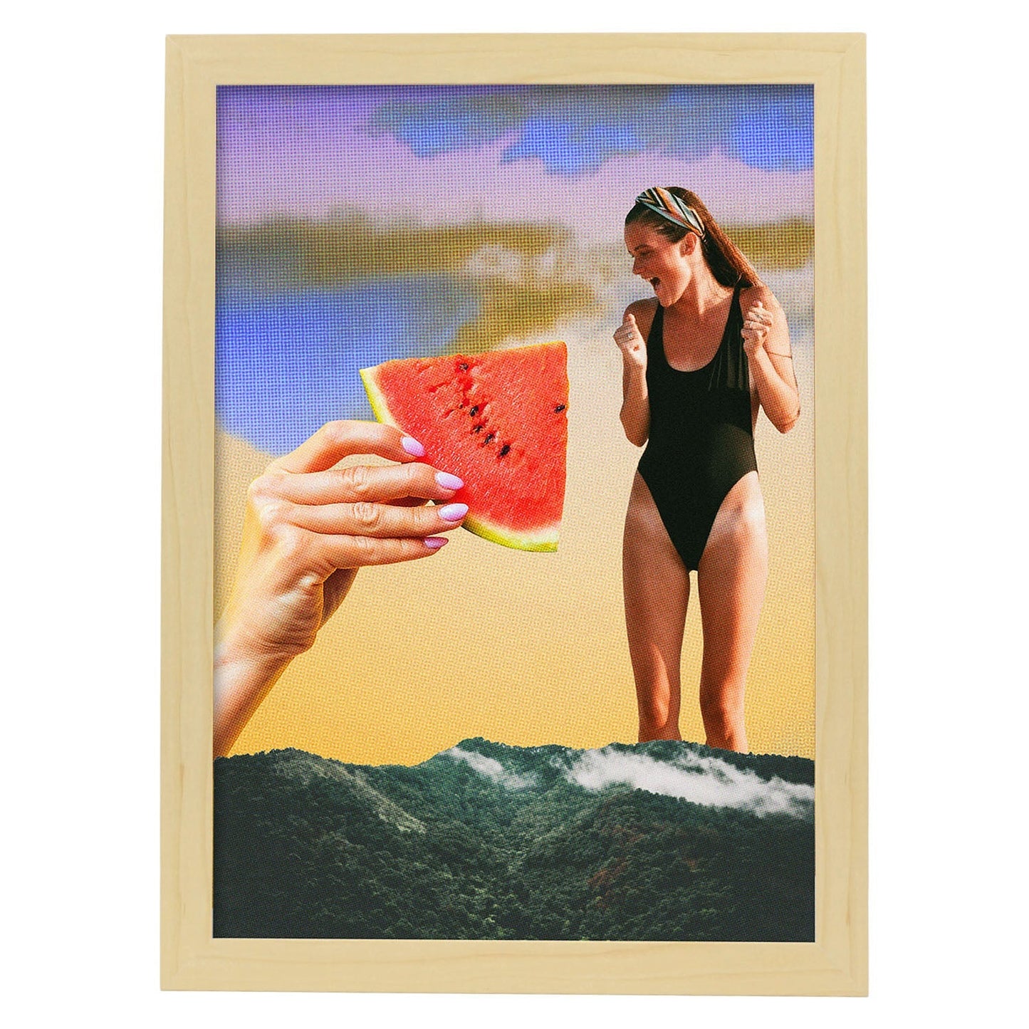 Lamina artistica decorativa con ilustración de Rebanada de sandía estilo Collage-Artwork-Nacnic-A4-Marco Madera clara-Nacnic Estudio SL