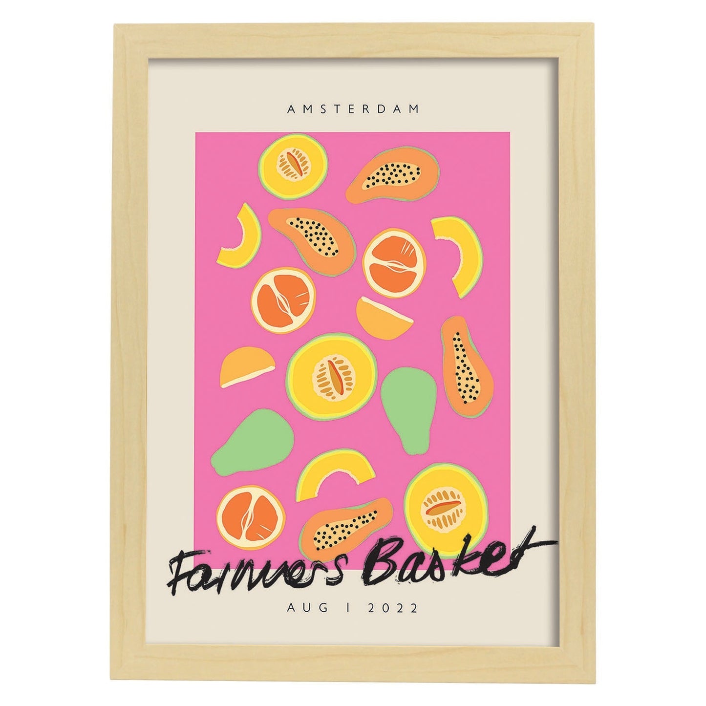 Lamina artistica decorativa con ilustración de Cesta de agricultores Amsterdam-Artwork-Nacnic-A4-Marco Madera clara-Nacnic Estudio SL