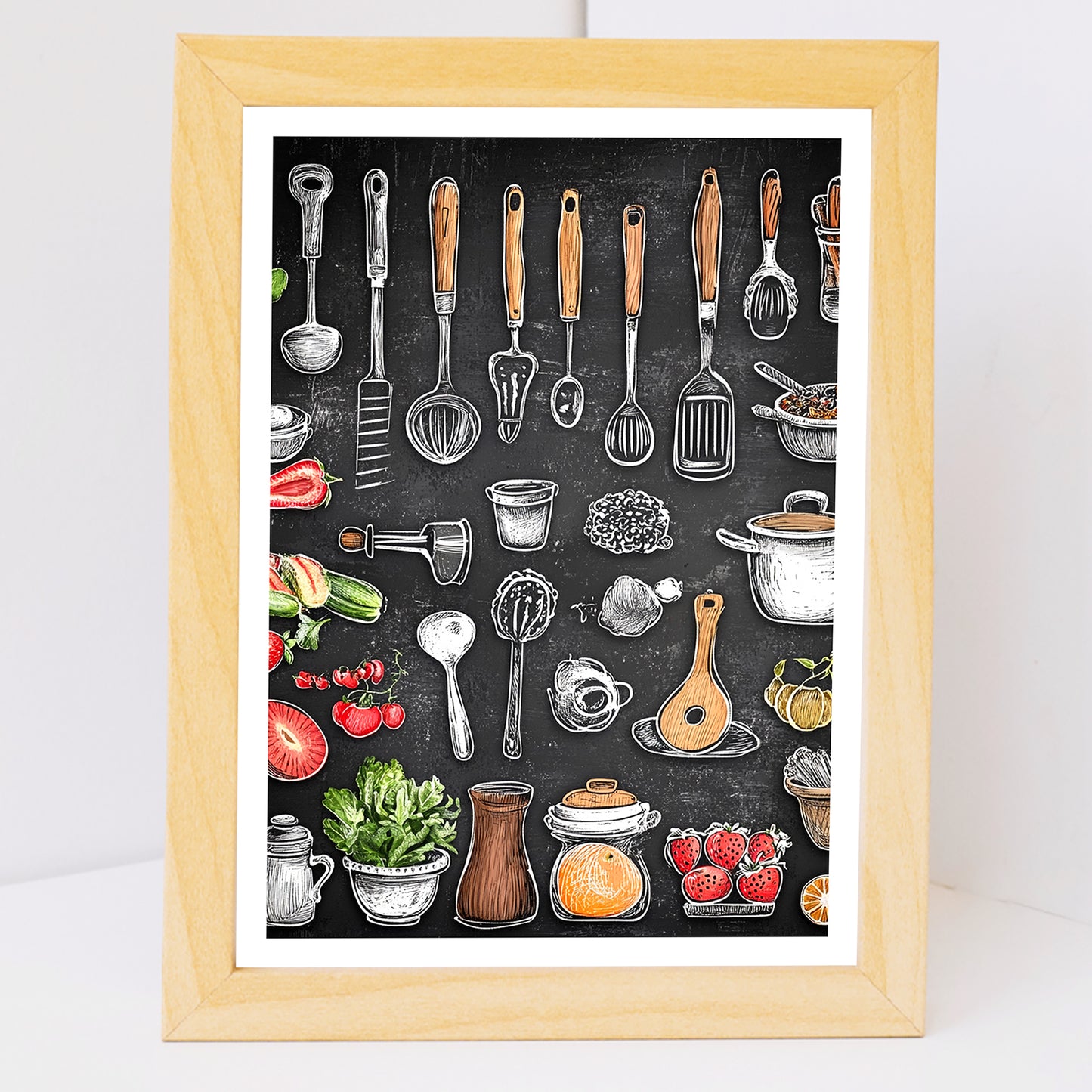 Set de 2 Cuadros Elementos de Cocina Ingredientes y Herramientas Poster Print ilustración para decorar las paredes de Cocina, Despensa, Comedor, Restaurante