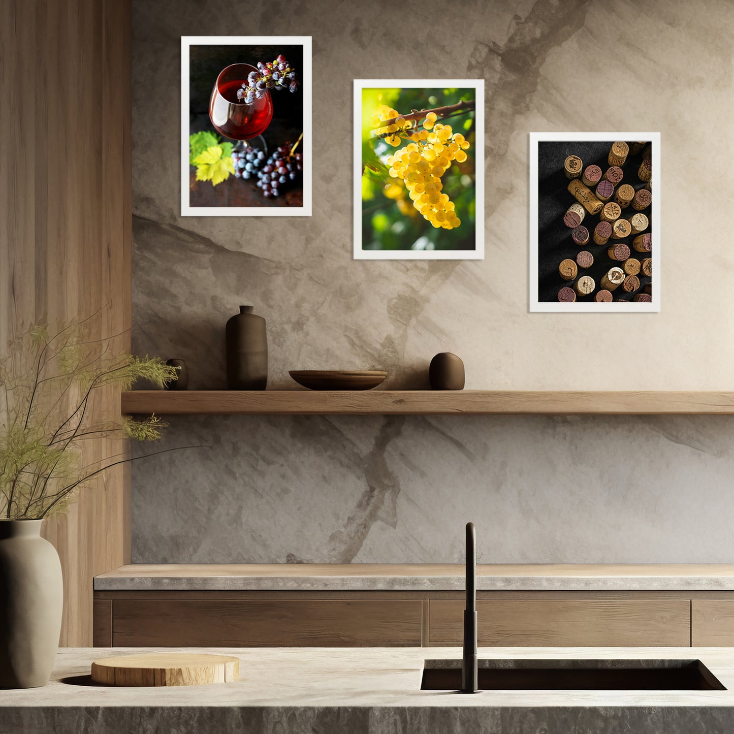 Set de 3 Cuadros de Uvas de Viñedo y Corcho Ilustración impresa en estilo Fotográfico para decorar Cocina, Despensa, Cortijo, Comedor, Restaurante