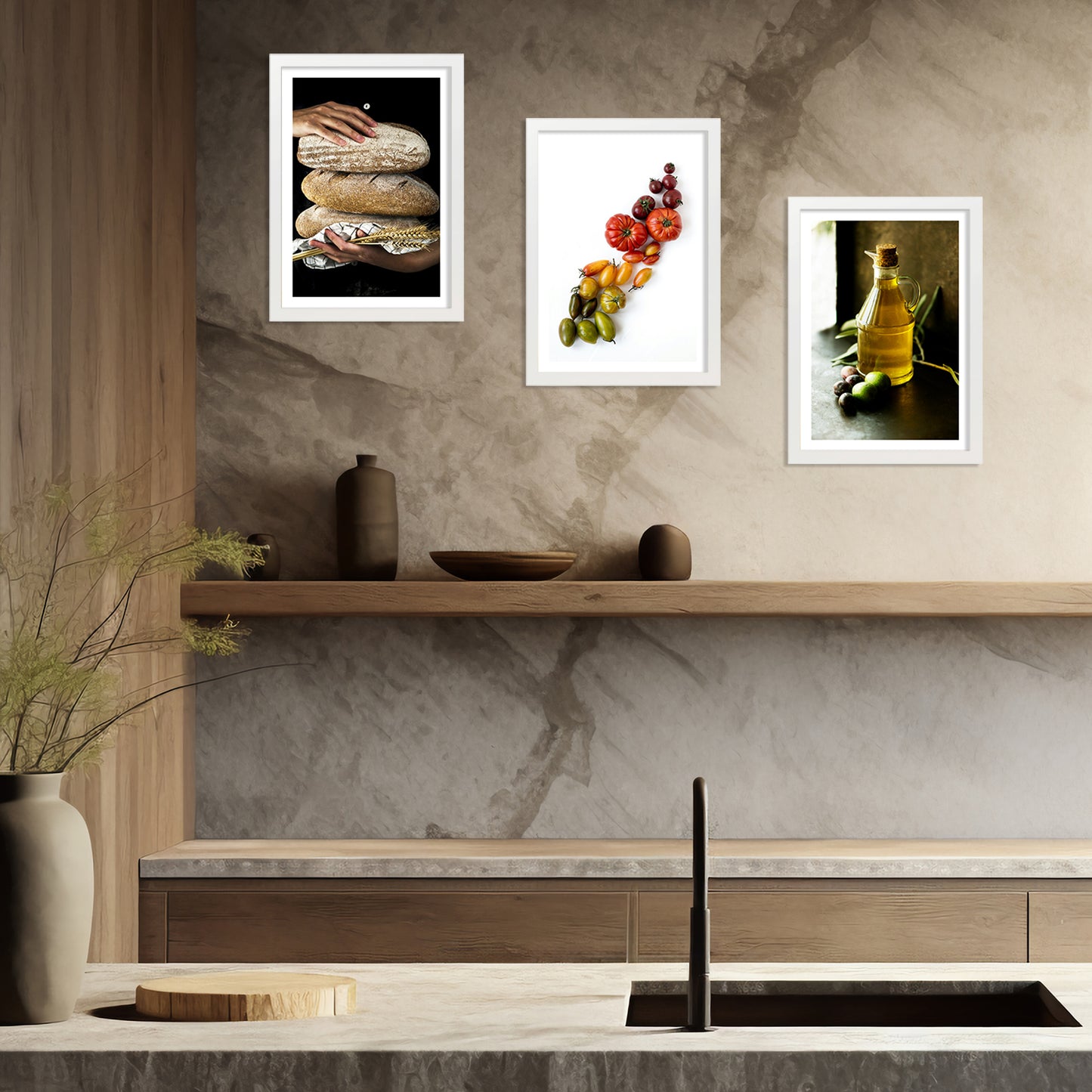 Set de 3 Cuadros de Cocina Mediterránea, Pan, Aceite de Oliva, Verduras Ilustración impresa en estilo Fotográfico para decorar Cocina, Despensa, Comedor, Restaurante, Cafetería