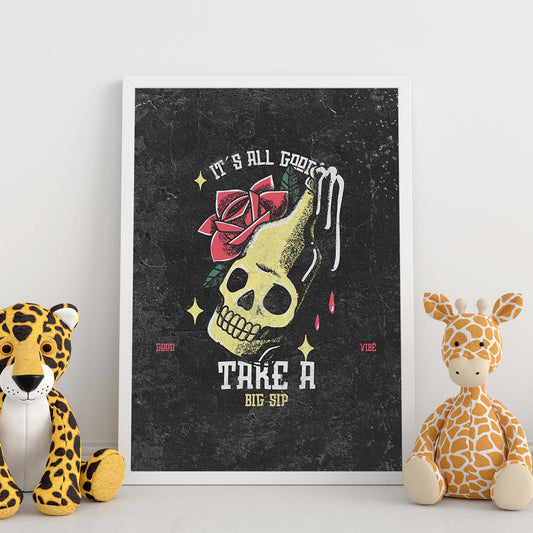 Lámina Dale un trago. Pósters con modernos diseños estilo tatuaje sobre fondo oscuro.-Artwork-Nacnic-Nacnic Estudio SL