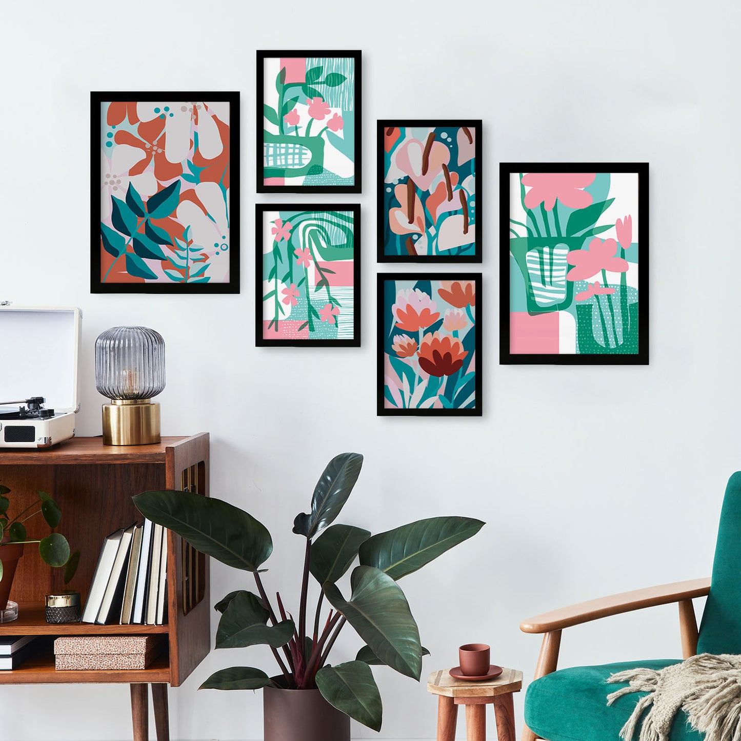 Nacnic Set de 6 Láminas de Flores Abstractas en Verdes Rosados
