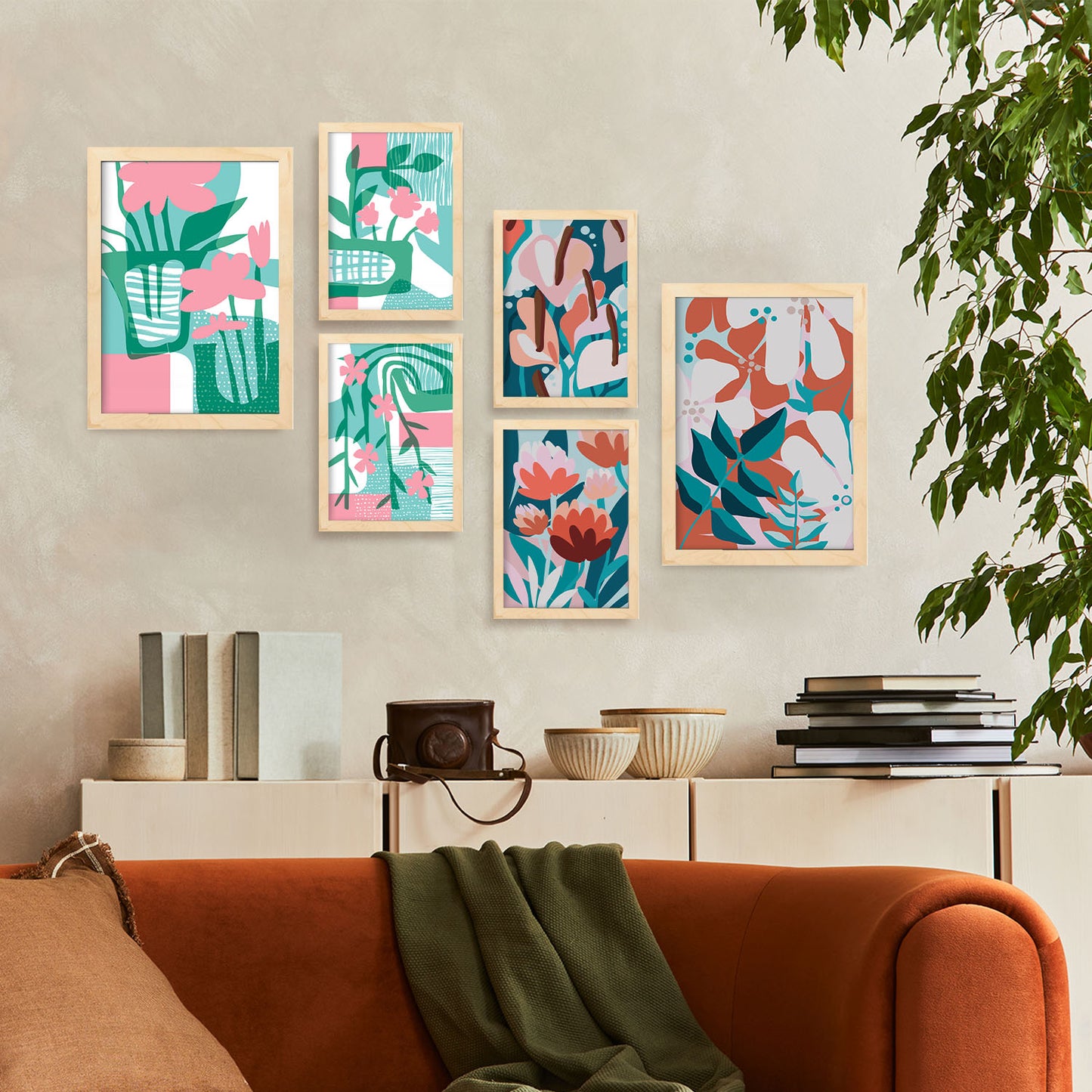 Nacnic Set de 6 Láminas de Flores Abstractas en Verdes Rosados