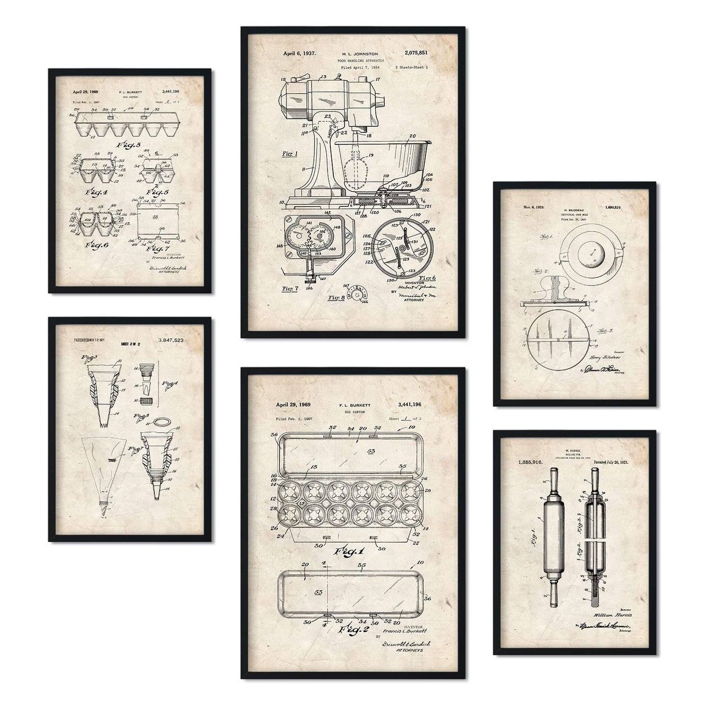 Set de 6 láminas de patentes Herramientas de cocina. Pósters con dibujos retro de inventos antiguos. Tamaños A4 y A3. .-Artwork-Nacnic-Nacnic Estudio SL