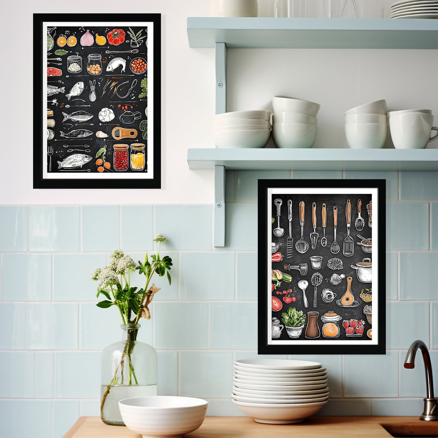 Set de 2 Cuadros Elementos de Cocina Ingredientes y Herramientas Poster Print ilustración para decorar las paredes de Cocina, Despensa, Comedor, Restaurante
