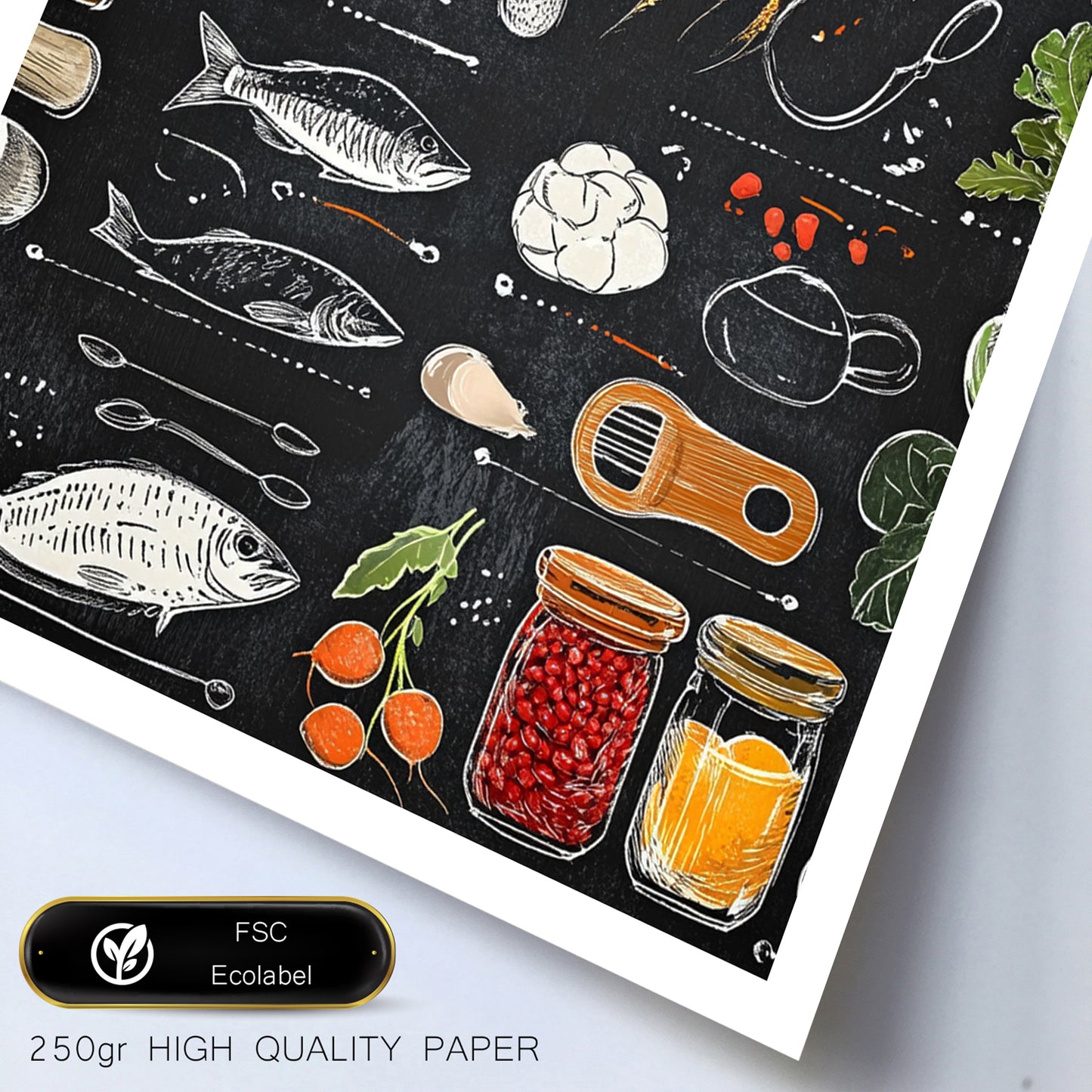 Set de 2 Cuadros Elementos de Cocina Ingredientes y Herramientas Poster Print ilustración para decorar las paredes de Cocina, Despensa, Comedor, Restaurante