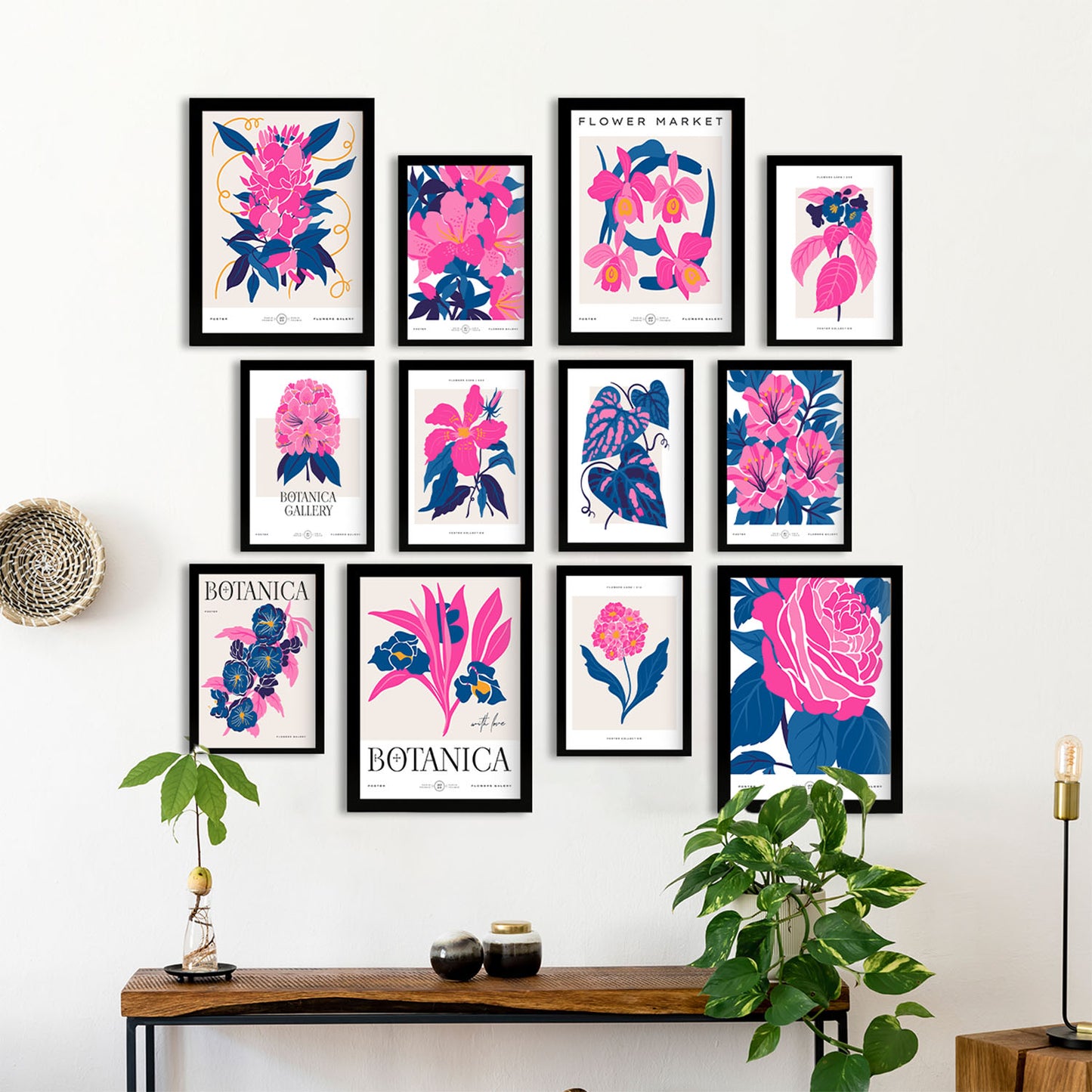 Conjunto de 12 Láminas Botánicas Elegantes con Marco de Color
