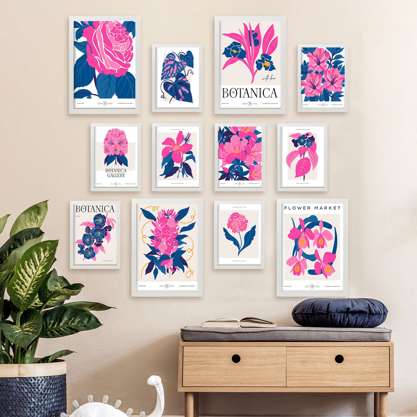 Conjunto de 12 Láminas Botánicas Elegantes con Marco de Color