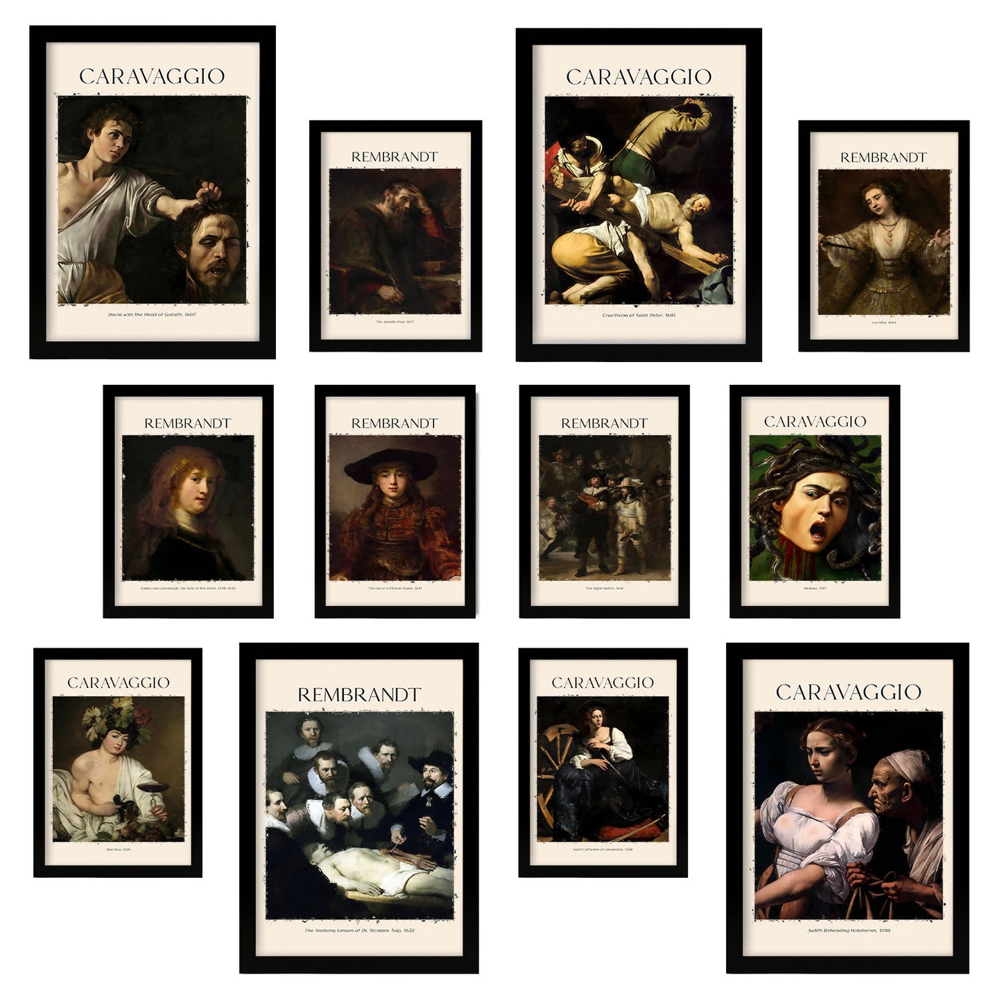 Conjunto de 12 láminas de Caravaggio y Rembrandt en distintos colores