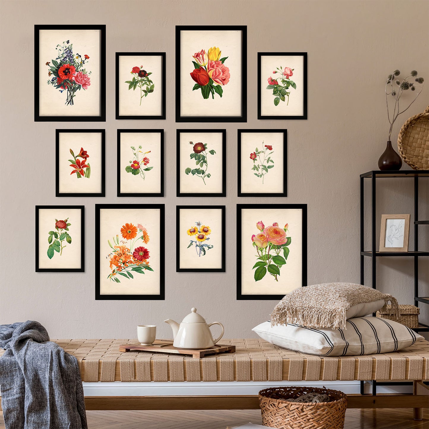 Conjunto de Impresiones de Flores Rojas Vibrantes - Diseño Mixto, Láminas de Arte para Pared