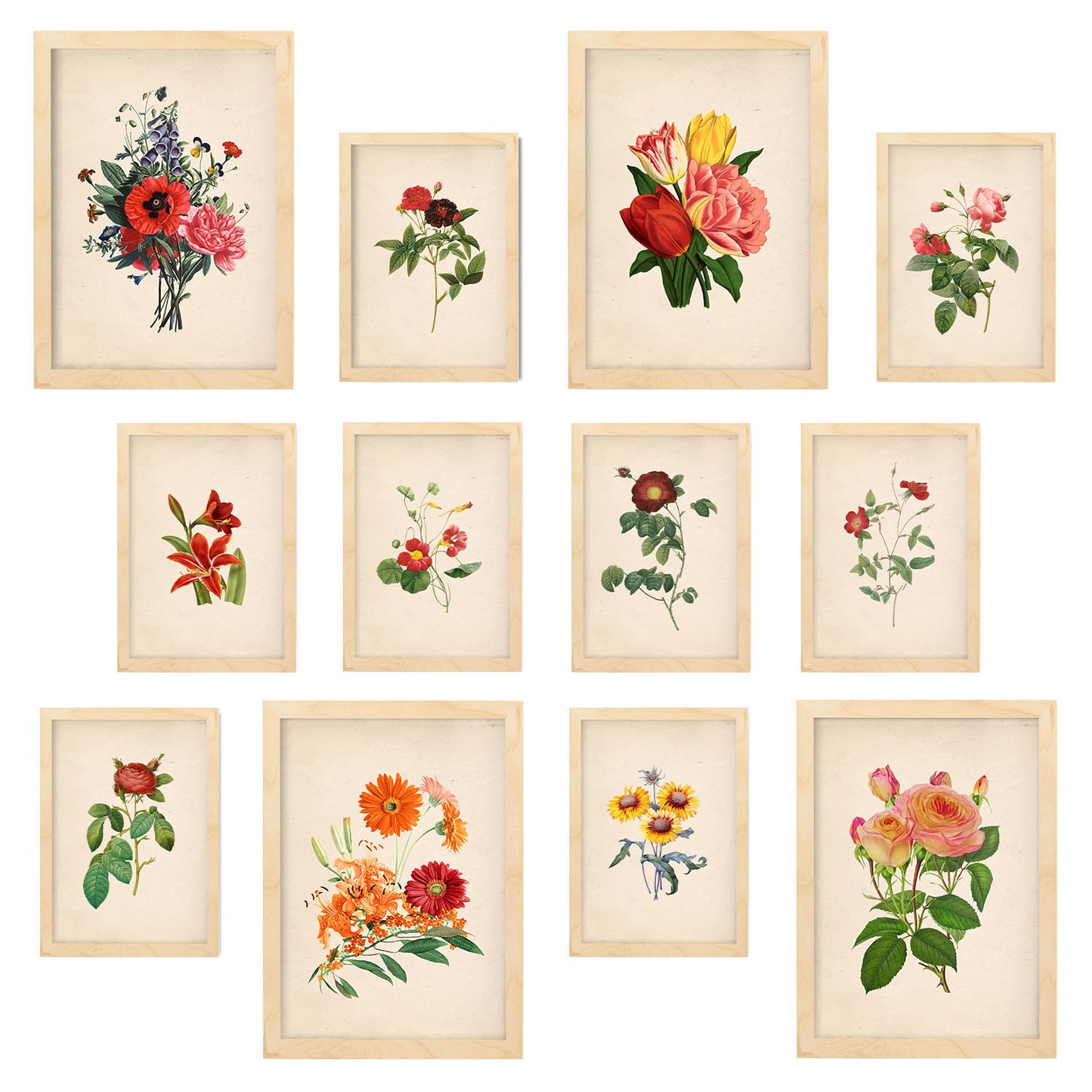 Conjunto de Impresiones de Flores Rojas Vibrantes - Diseño Mixto, Láminas de Arte para Pared