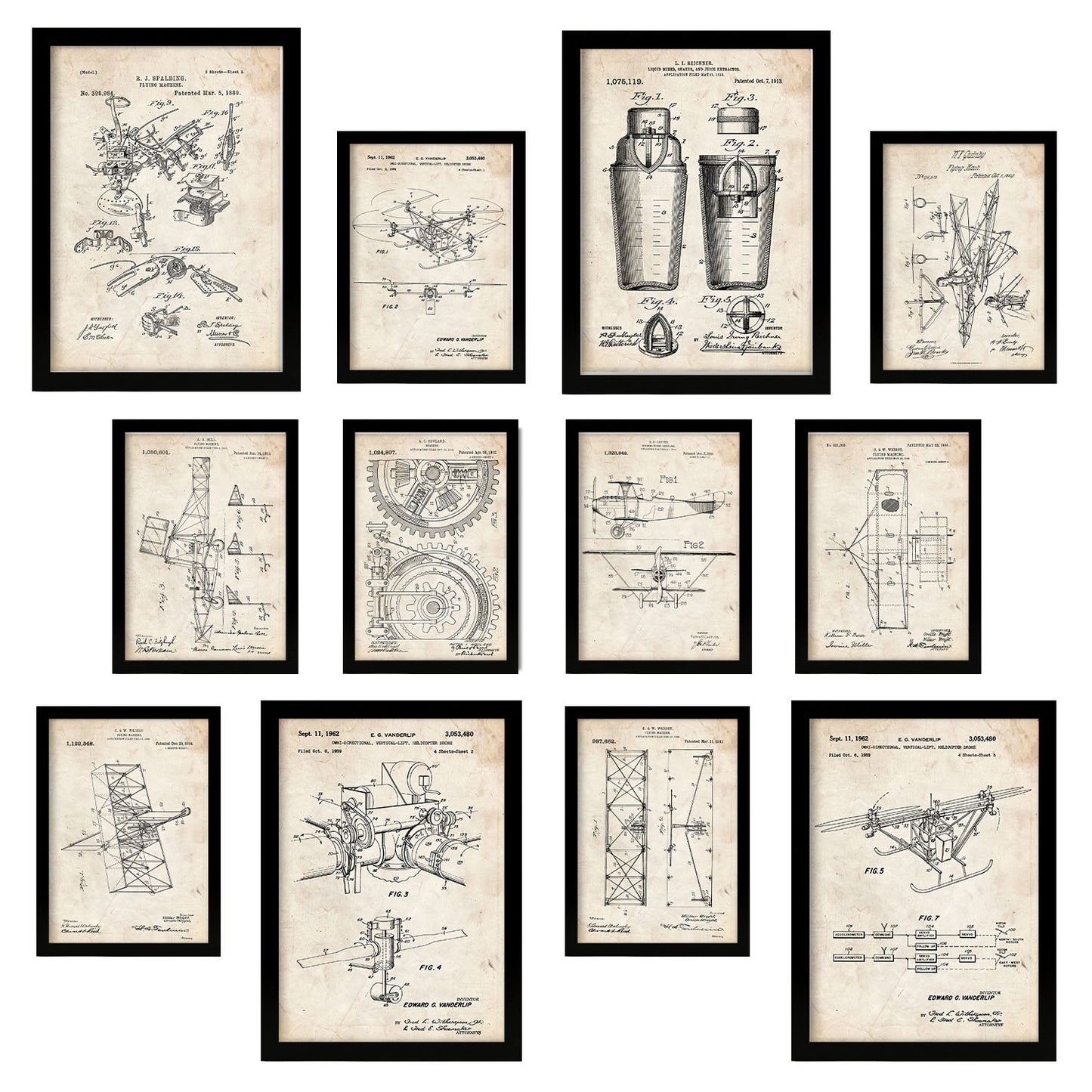 Conjunto de impresiones de patentes de máquinas voladoras, diseño vintage, ideal para amantes del arte, póster de pared.