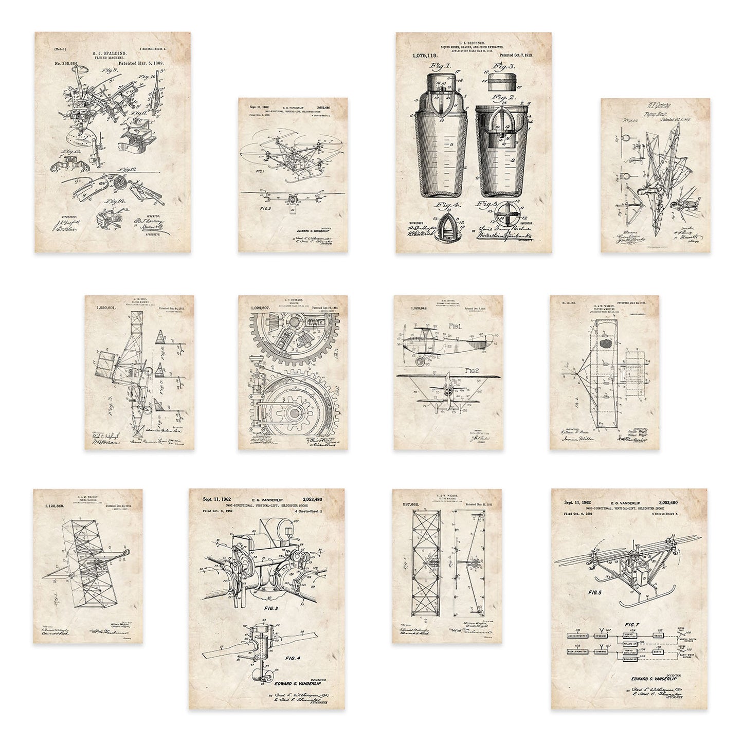 Conjunto de impresiones de patentes de máquinas voladoras, diseño vintage, ideal para amantes del arte, póster de pared.