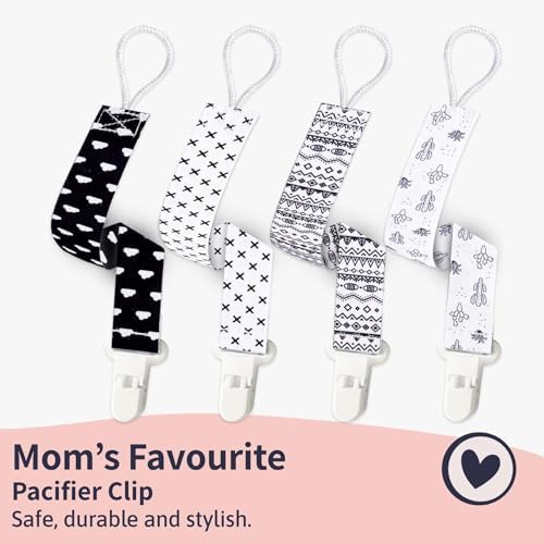 Clips para chupete – 4 unidades diseño único moderno de género neutro en blanco y negro. Clip para chupetes y chupetes. Hecho de poliéster de calidad y no tóxico, para baby shower.