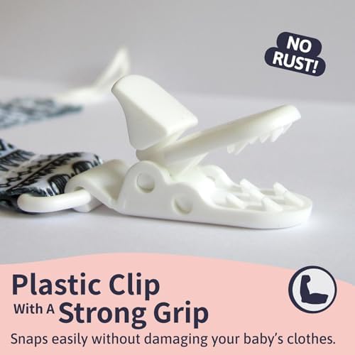 Clips para chupete – 4 unidades diseño único moderno de género neutro en blanco y negro. Clip para chupetes y chupetes. Hecho de poliéster de calidad y no tóxico, para baby shower.