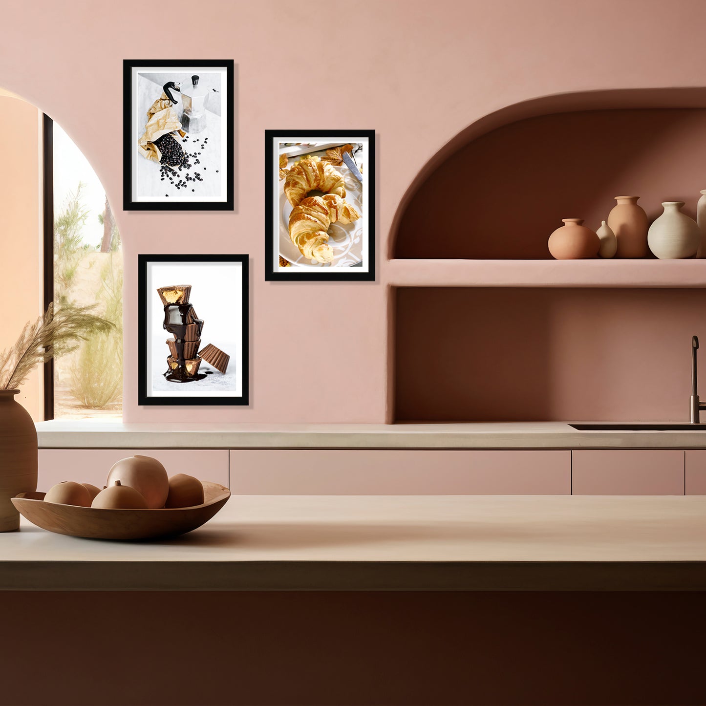 Set de 3 Cuadros Desayuno Mañana Café, Muffins, Croissant Ilustración impresa en estilo Fotográfico para decorar las paredes de Cocina, Despensa, Comedor, Restaurante